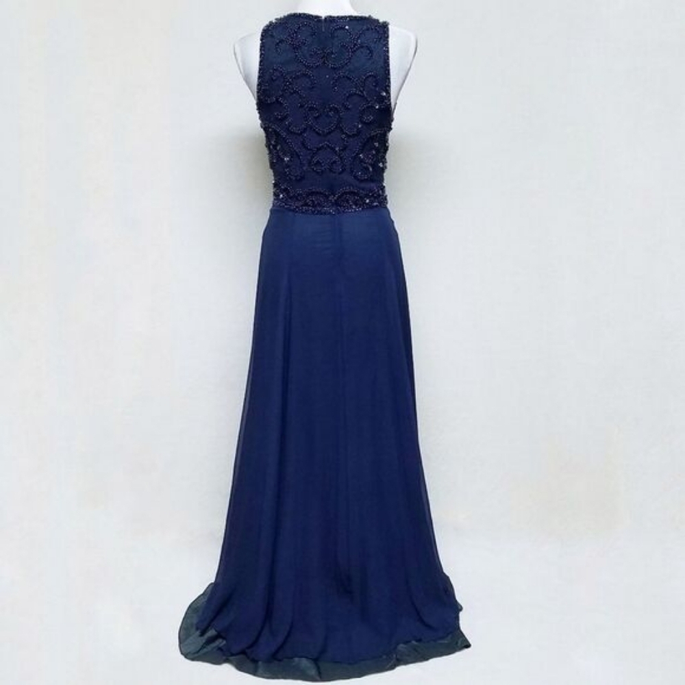 Rare Vintage 70s Blue Silk Chiffon Beaded Sequin High Neck Sleeveless Maxi Dress - Picture 10 of 14